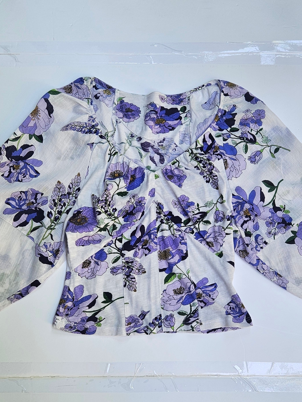 Anthropologie Purple Floral Print Square Neck Cotton Crop Top Blouse Women's XSP